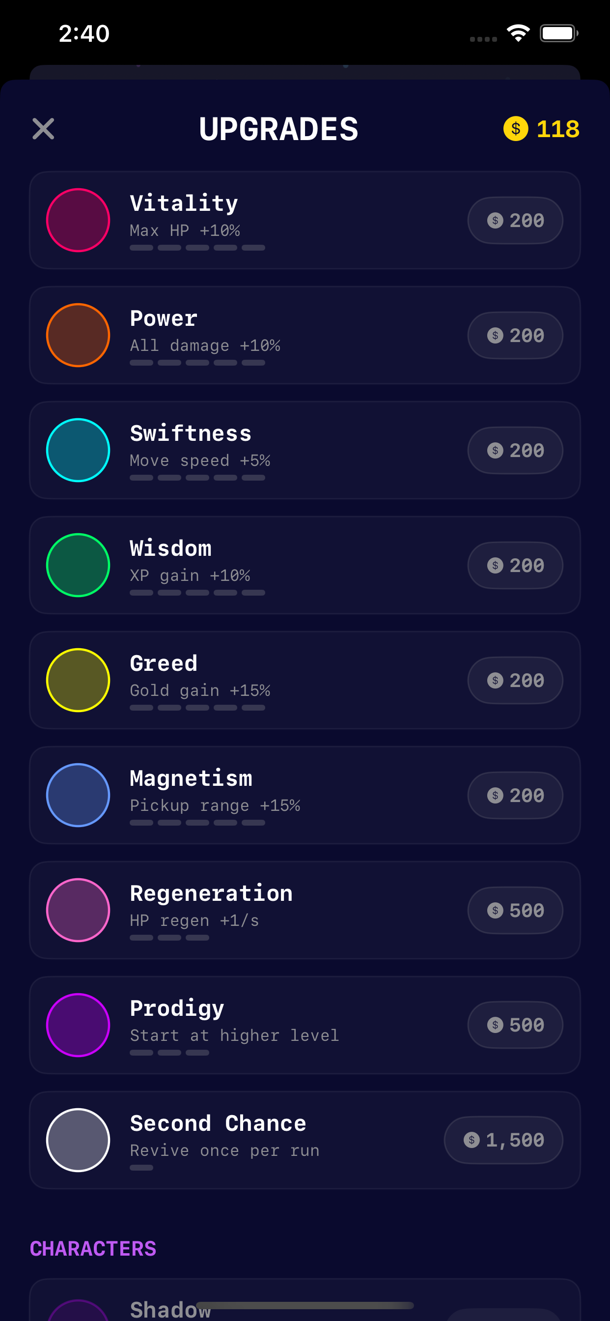 GlowStrike upgrades menu with Vitality, Power, Swiftness, Wisdom, Greed and more unlockable stats