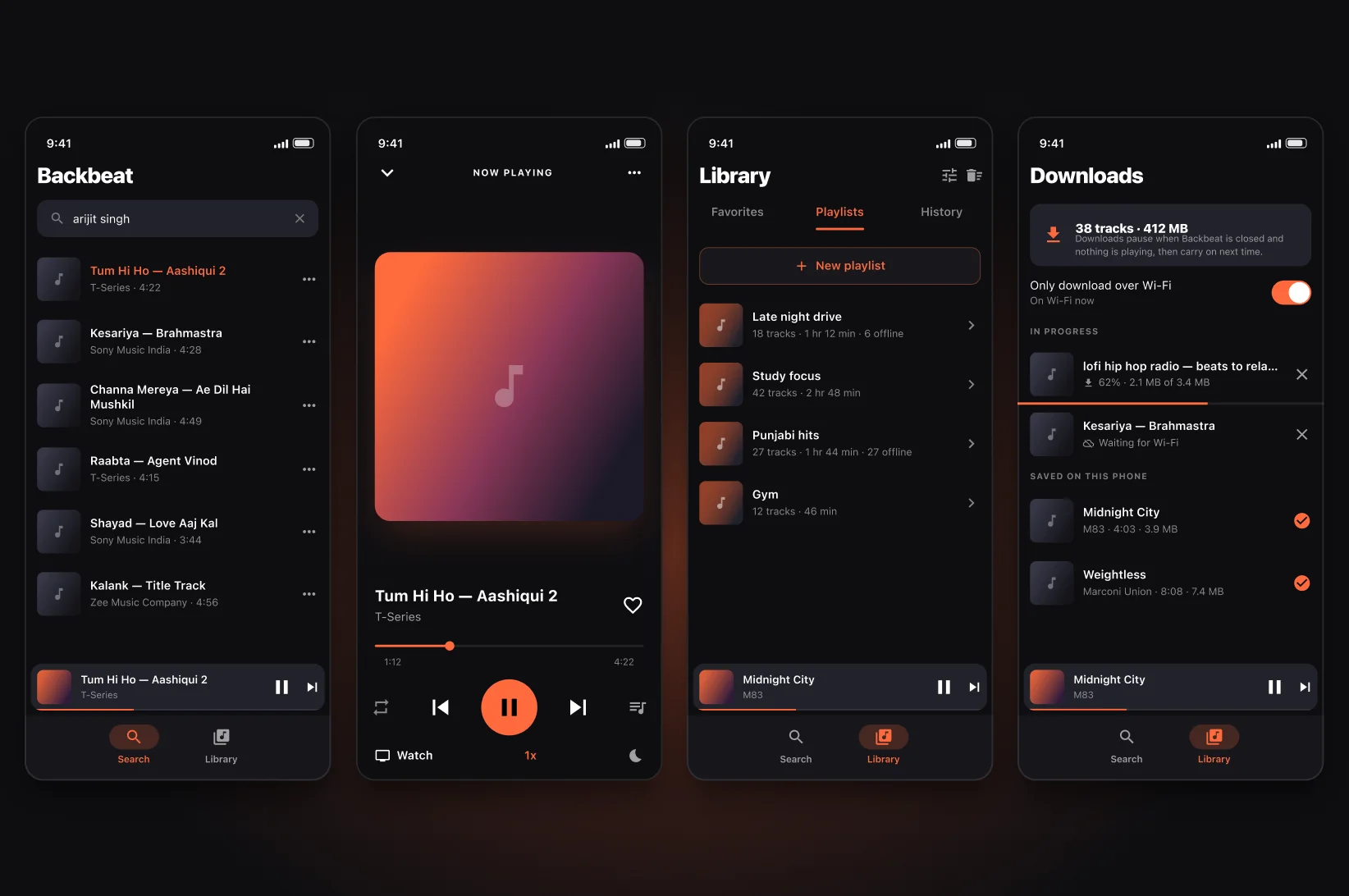 Backbeat app screens — search, player, playlists and offline downloads